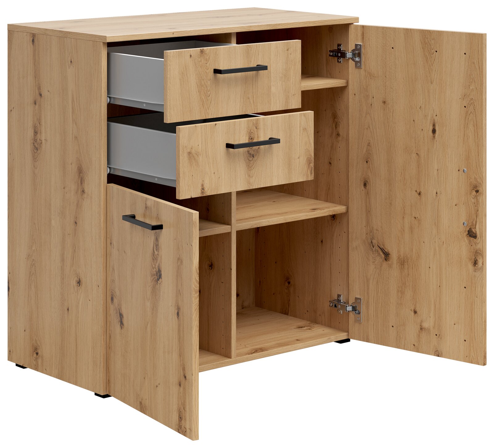 Kommode aus Holz mit zwei offenen Schubladen und zwei geöffneten Türen, die verschiedene Fächer zeigen. Perspektive von vorne links.