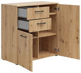 Kommode aus Holz mit zwei offenen Schubladen und zwei geöffneten Türen, die verschiedene Fächer zeigen. Perspektive von vorne links.