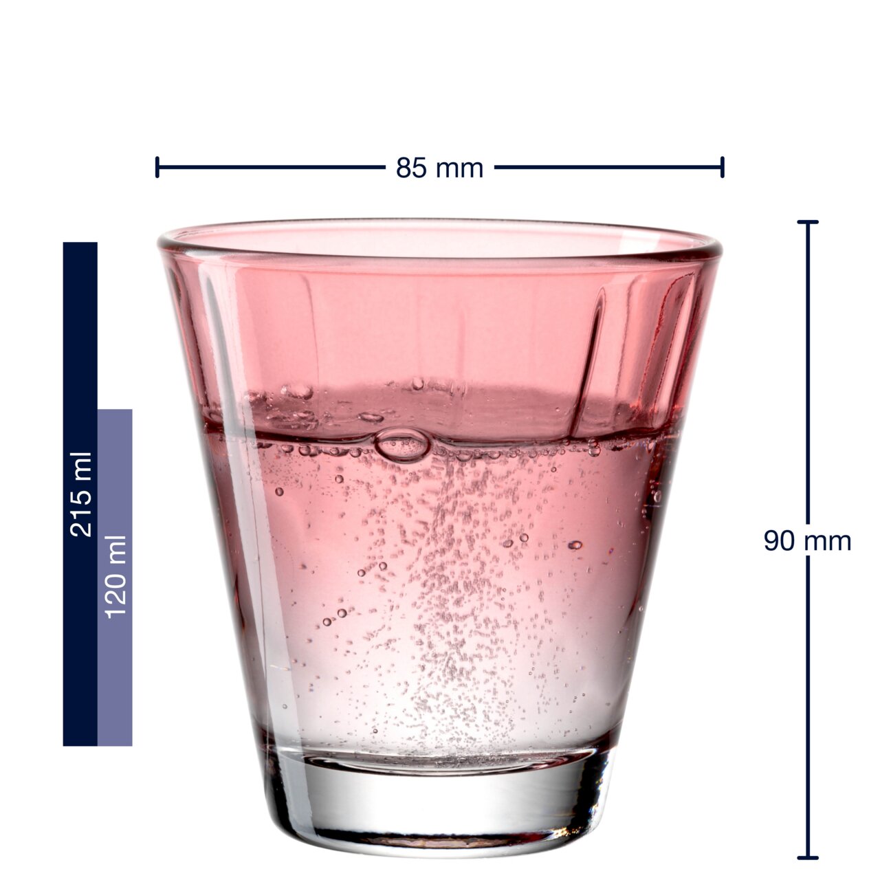 Rood drinkglas Twist 220 ml, zijaanzicht met afmetingen.
