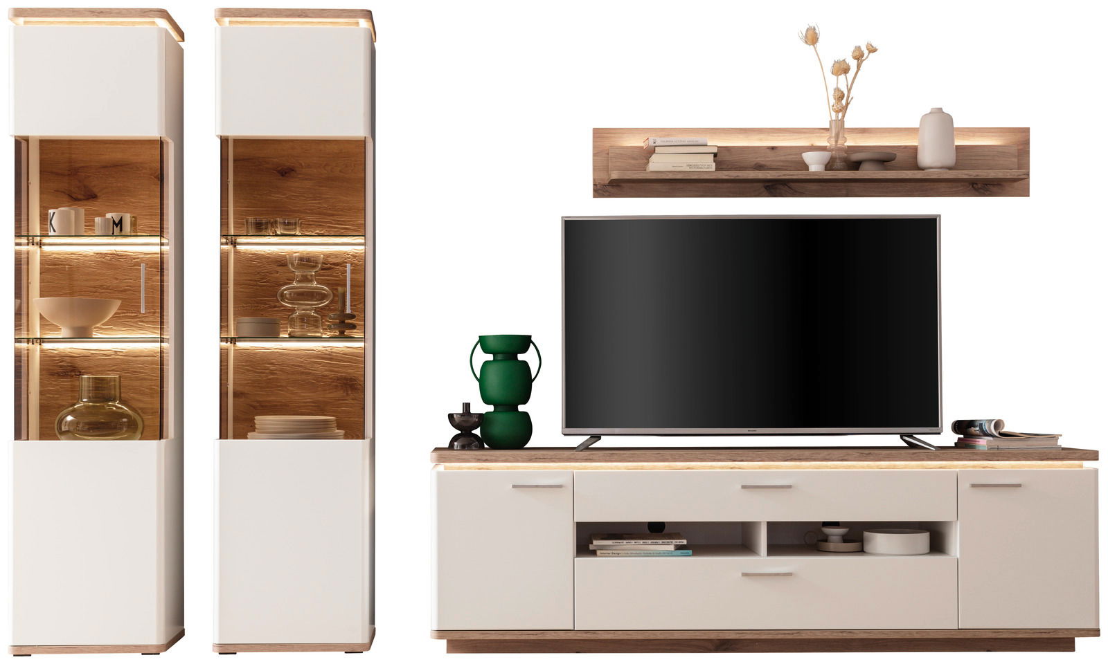 Stylife Wandkombination PALERMO Moderne Wandkombination mit zwei hohen Vitrinen, einem TV-Schrank und einem Wandregal in Holzoptik, frontal betrachtet.