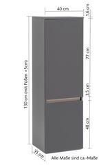 Grauer Midischrank mit zwei Türen, seitliche Perspektive, Maße: 130 cm hoch, 40 cm breit, 35 cm tief.