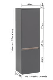 Grauer Midischrank mit zwei Türen, seitliche Perspektive, Maße: 130 cm hoch, 40 cm breit, 35 cm tief.