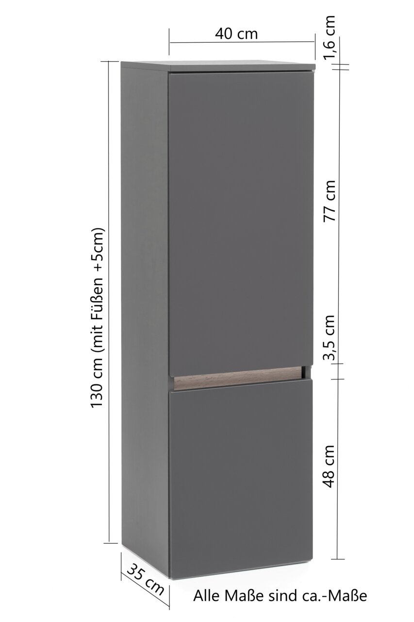 Grauer Midischrank mit zwei Türen, seitliche Perspektive, Maße: 130 cm hoch, 40 cm breit, 35 cm tief.