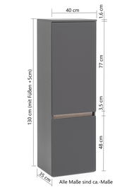 Grauer Midischrank mit zwei Türen, seitliche Perspektive, Maße: 130 cm hoch, 40 cm breit, 35 cm tief.