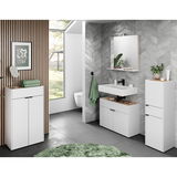 Modernes Badezimmer-Set mit weißem Schrank, Waschbecken und Spiegel, aus der Perspektive von vorne rechts aufgenommen.