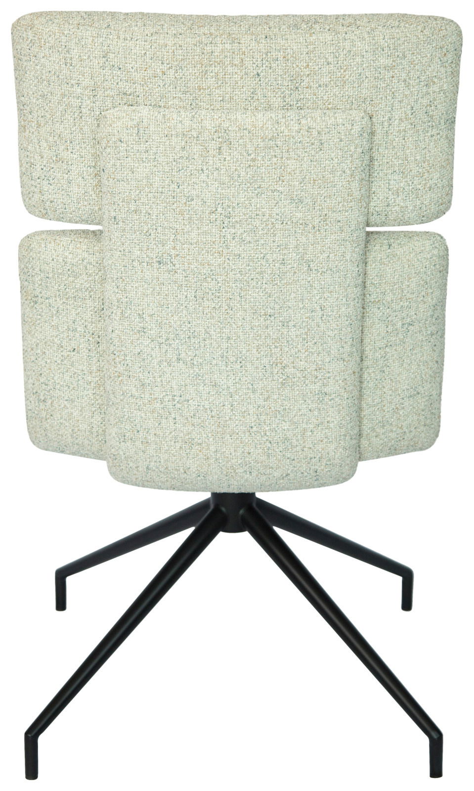 Rückansicht eines modernen Stuhls mit gepolsterter Rückenlehne und schwarzem Metallgestell.