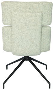 Rückansicht eines modernen Stuhls mit gepolsterter Rückenlehne und schwarzem Metallgestell.