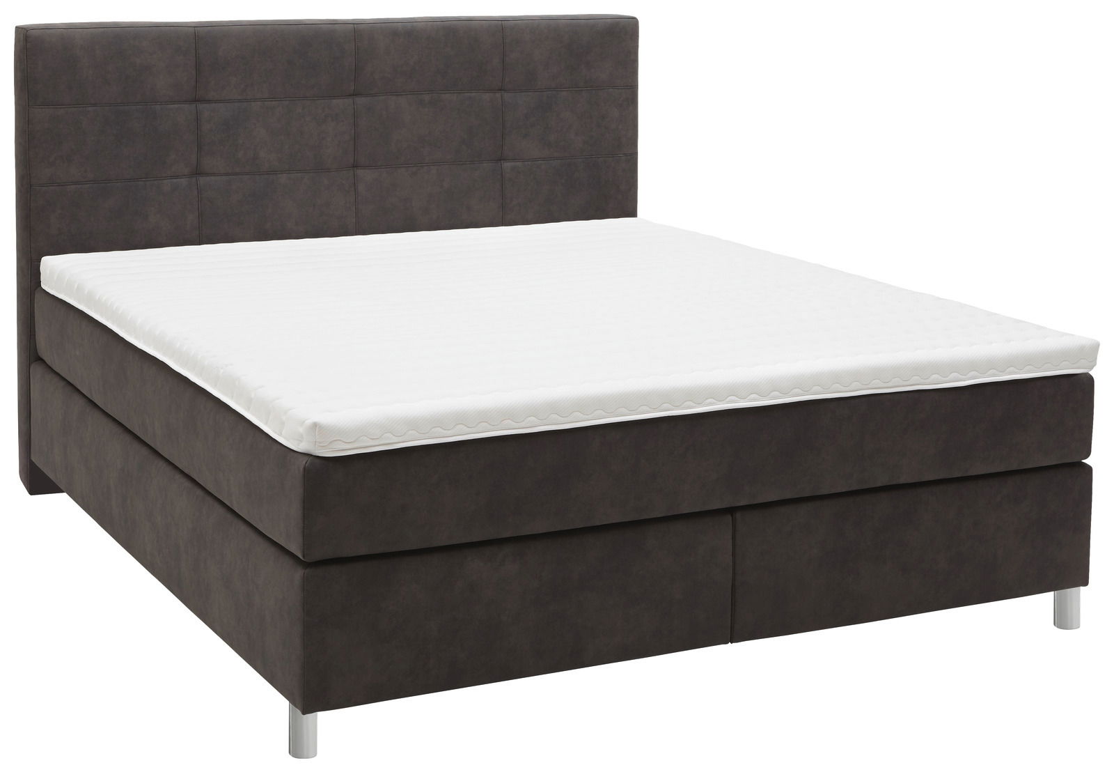 Boxspringbett in seitlicher Perspektive mit dunklem Stoffbezug und weißer Matratze