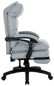 Seitliche Ansicht eines grauen Chefsessels mit gepolstertem Sitz und Rückenlehne, Armlehnen und einem schwarzen Drehfuß mit Rollen.