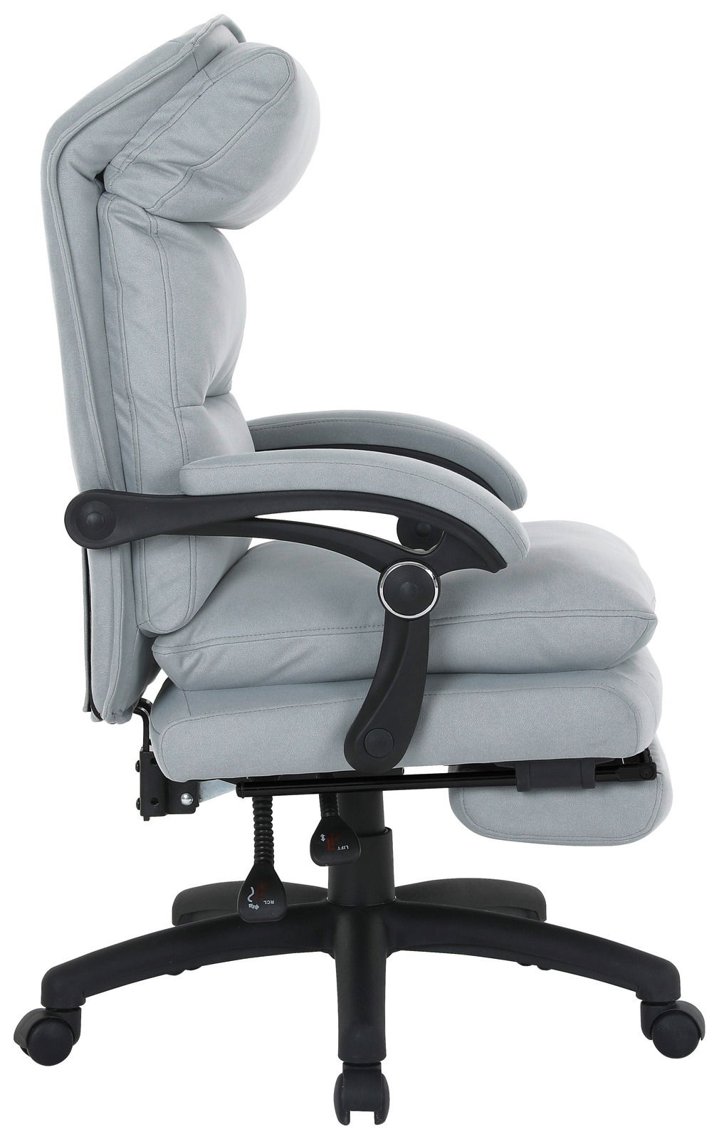 Seitliche Ansicht eines grauen Chefsessels mit gepolstertem Sitz und Rückenlehne, Armlehnen und einem schwarzen Drehfuß mit Rollen.
