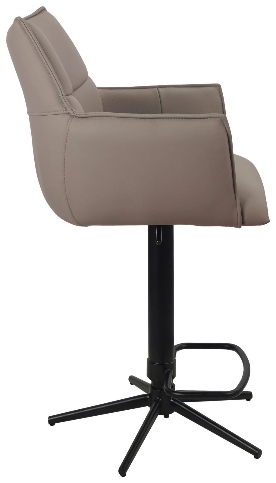 Seitenansicht eines modernen Barstuhls mit gepolstertem Sitz und Rückenlehne in Beige, schwarzem Metallgestell und Fußstütze.