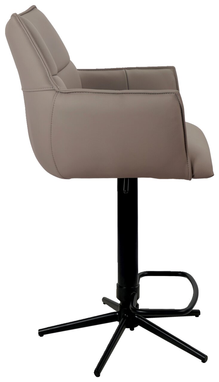 Seitenansicht eines modernen Barstuhls mit gepolstertem Sitz und Rückenlehne in Beige, schwarzem Metallgestell und Fußstütze.