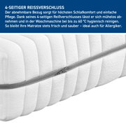 Nahaufnahme einer Matratze mit 4-seitigem Reißverschluss, der den abnehmbaren Bezug zeigt. Perspektive von der Seite.