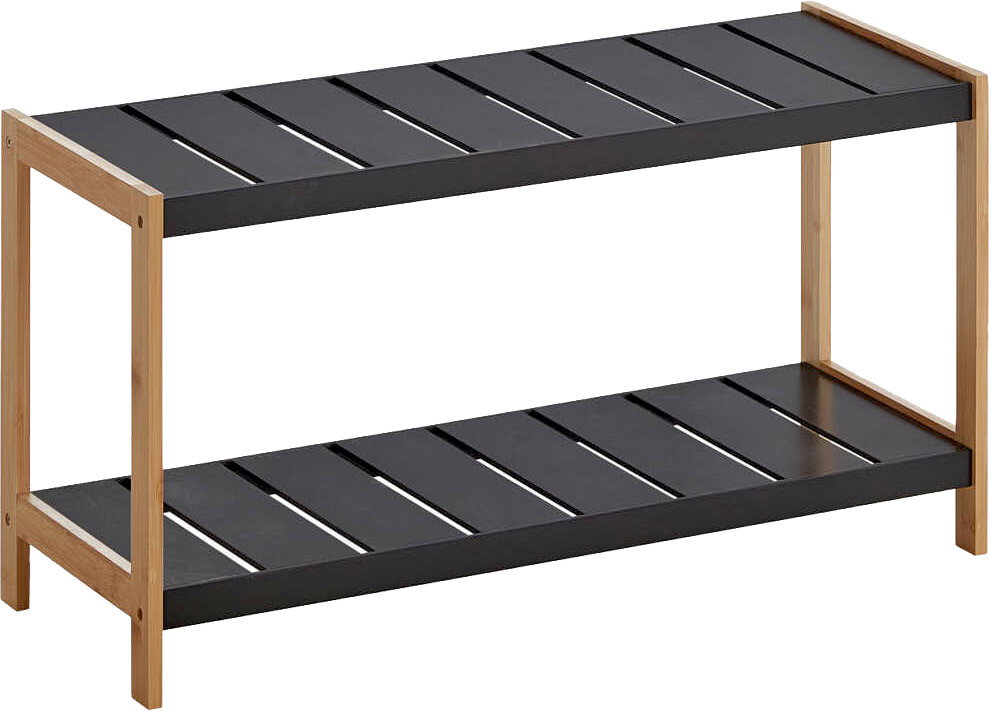 MID.YOU Schuhregal SMALL Zweistöckiges Schuhregal mit schwarzer Lamellenablage und naturfarbenem Holzrahmen, freigestellt auf weißem Hintergrund, in schräger Frontansicht von oben