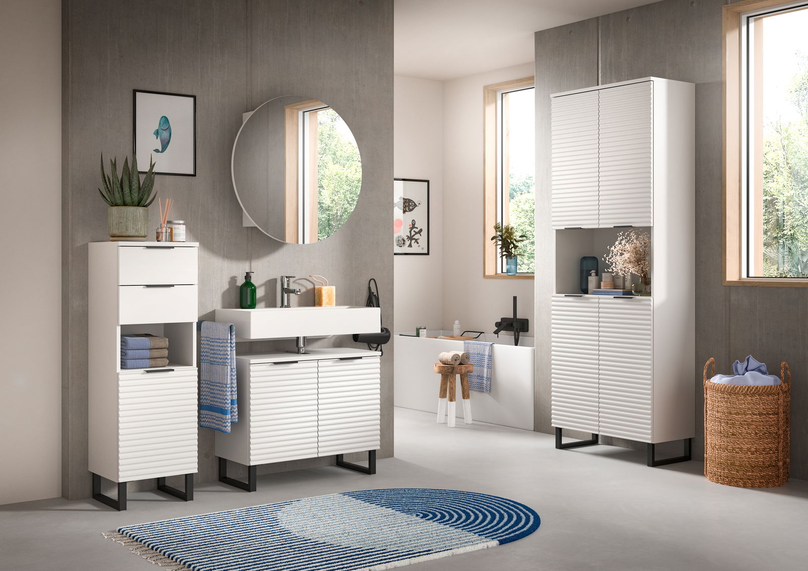 MID.YOU Spiegelschrank RIFF Moderner Badezimmer-Spiegelschrank in einem stilvollen, hellen Raum mit minimalistischer Einrichtung, aus der Perspektive von vorne betrachtet.