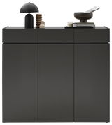 Moderner XL-Schuhschrank H121 in dunklem Design, frontal fotografiert, mit dekorativen Objekten auf der Oberseite.