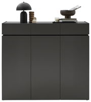 Moderner XL-Schuhschrank H121 in dunklem Design, frontal fotografiert, mit dekorativen Objekten auf der Oberseite.