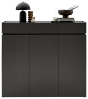 Moderner XL-Schuhschrank H121 in dunklem Design, frontal fotografiert, mit dekorativen Objekten auf der Oberseite.