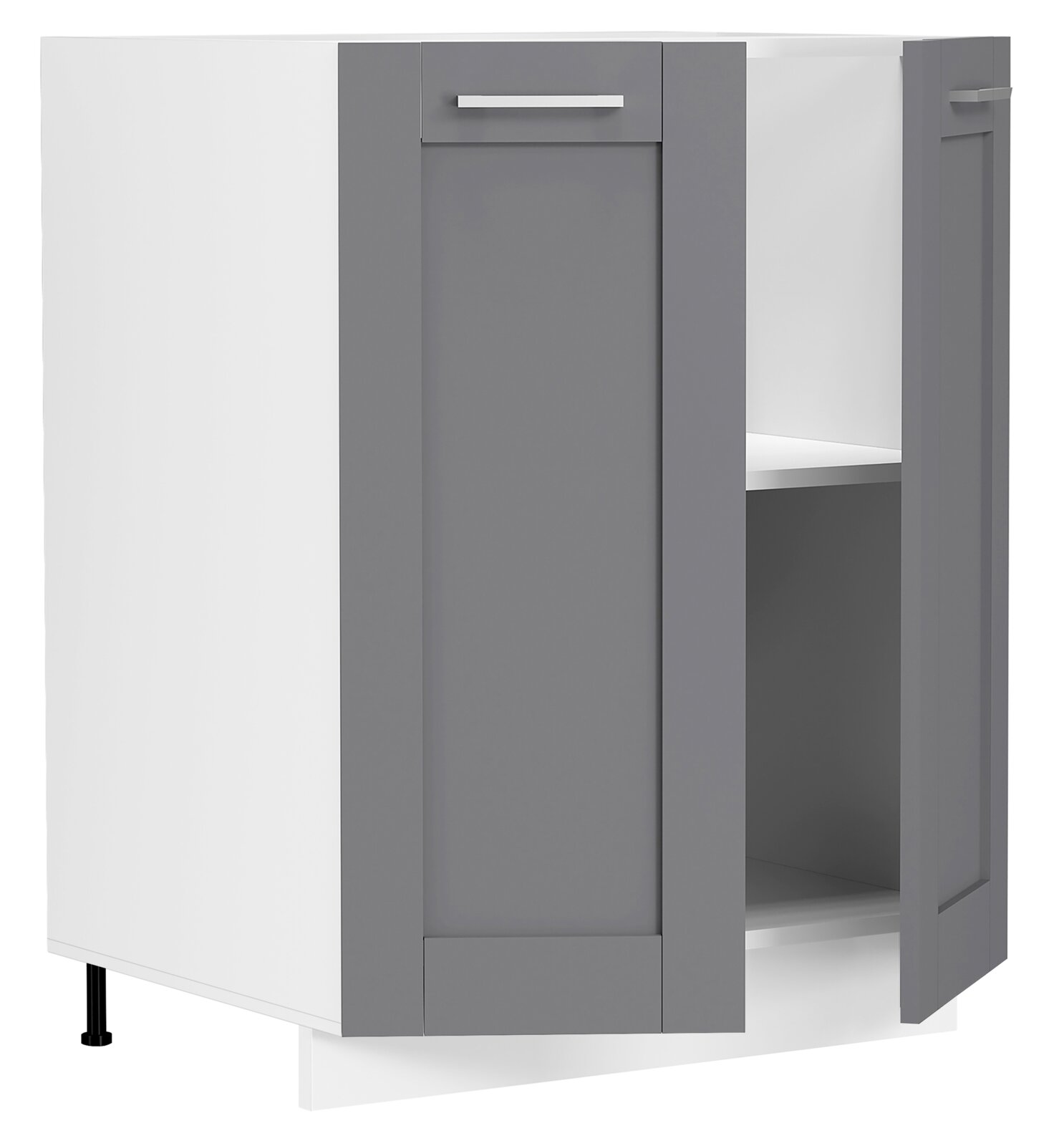 VCM Unterschrank 60 cm COLURA Grauer und weißer Küchenschrank-Unterschrank mit Schublade, offenem Regalfach und Metallgriff, seitliche Ansicht von vorn rechts