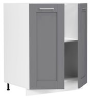 Grauer und weißer Küchenschrank-Unterschrank mit Schublade, offenem Regalfach und Metallgriff, seitliche Ansicht von vorn rechts