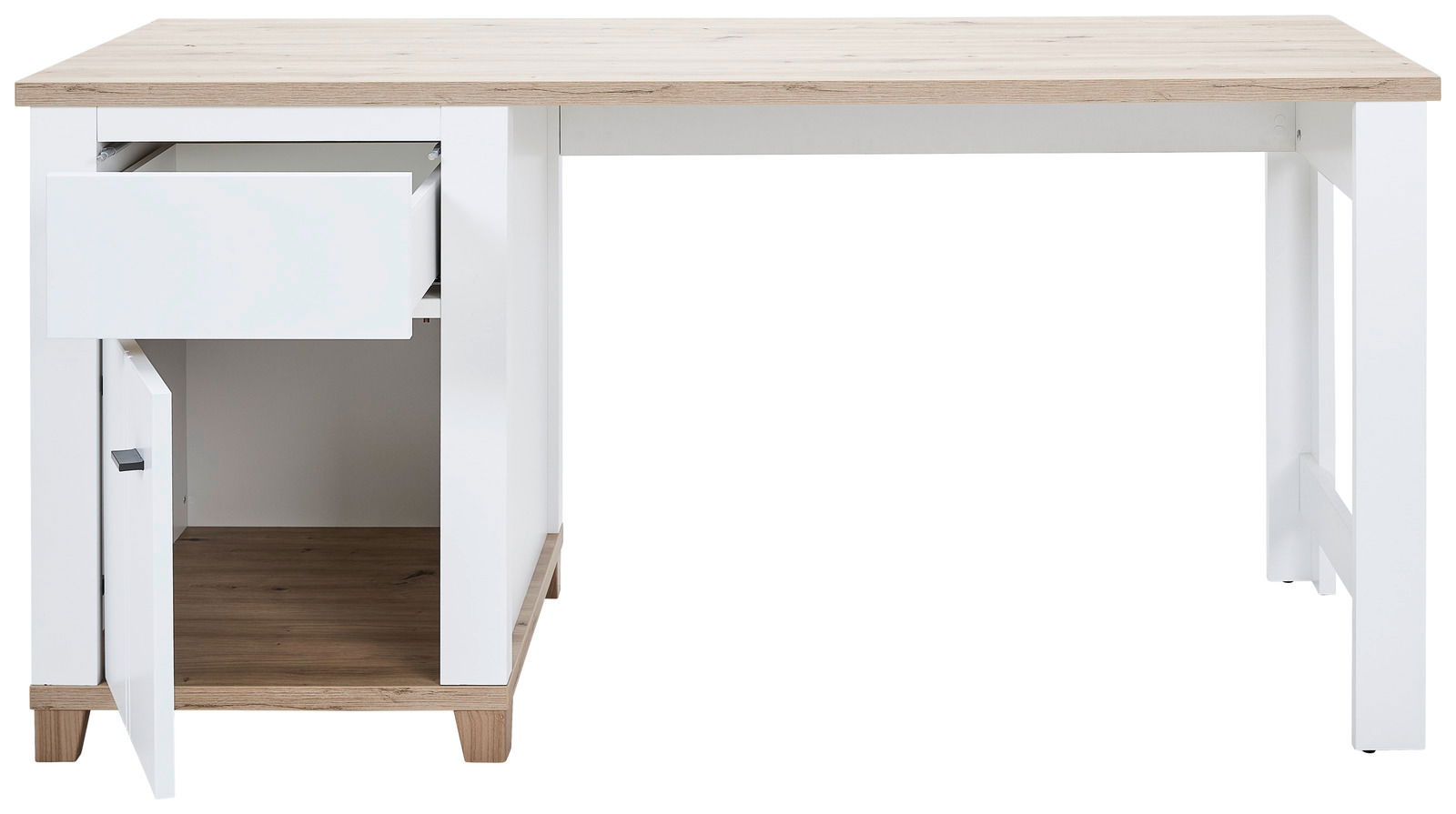 Moderner Schreibtisch mit Holzplatte, einer offenen Schublade und einer offenen Tür, frontal betrachtet.