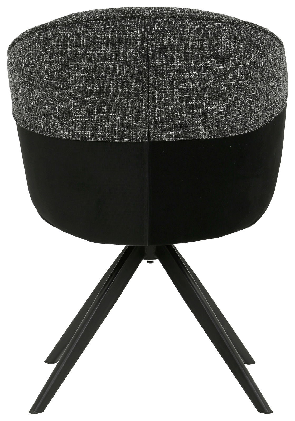 Rückansicht eines modernen Armlehnstuhls mit schwarzem Stoffbezug und vier schwarzen Metallbeinen.