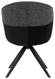 Rückansicht eines modernen Armlehnstuhls mit schwarzem Stoffbezug und vier schwarzen Metallbeinen.