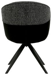 Achterkant van een moderne fauteuil met zwarte stoffen bekleding en vier zwarte metalen poten.