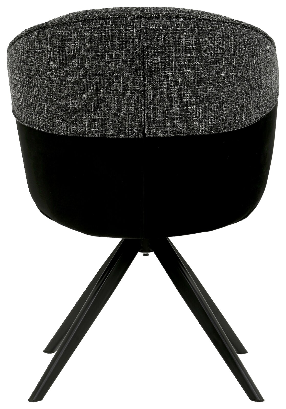 Achterkant van een moderne fauteuil met zwarte stoffen bekleding en vier zwarte metalen poten.