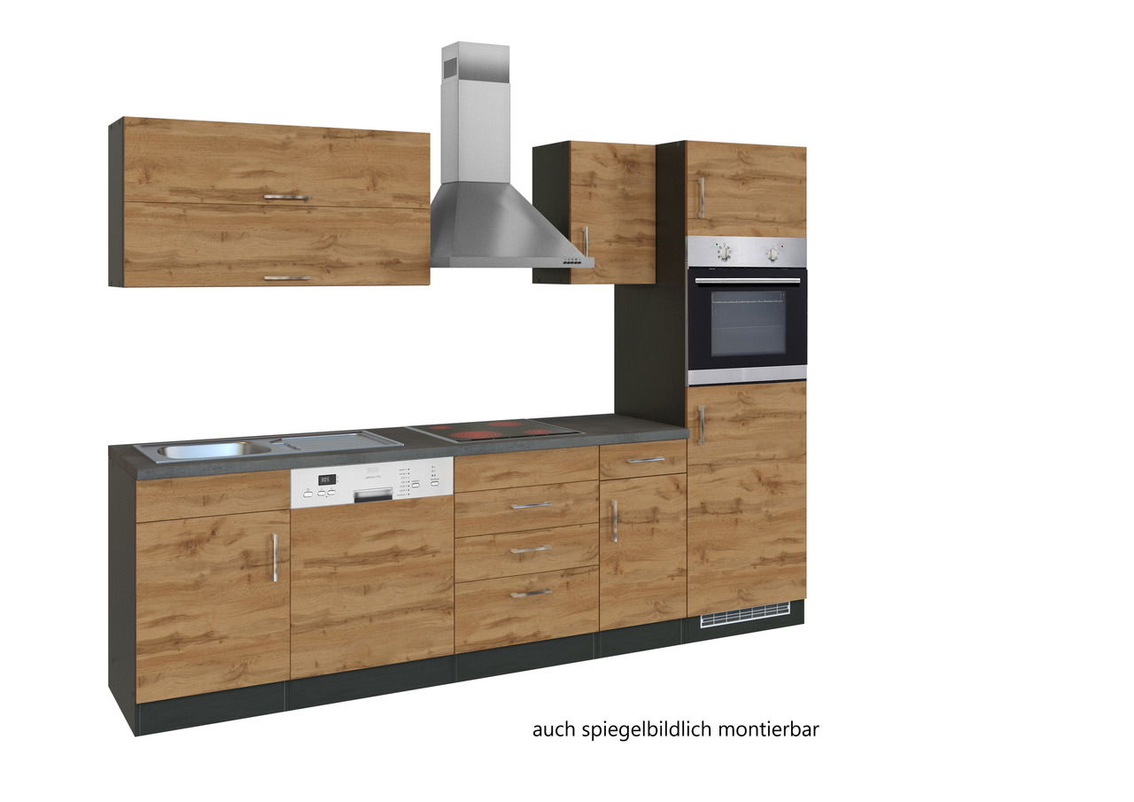 Held Möbel Küchenzeile SORRENTO Moderne Küchenzeile in Holzoptik mit integriertem Herd, Backofen und Dunstabzugshaube, seitliche Perspektive