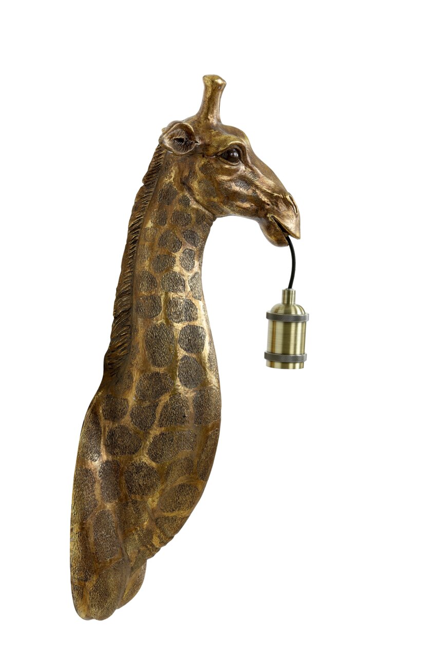 Wandleuchte in Form eines Giraffenkopfes mit einer Lampe im Maul, seitliche Perspektive