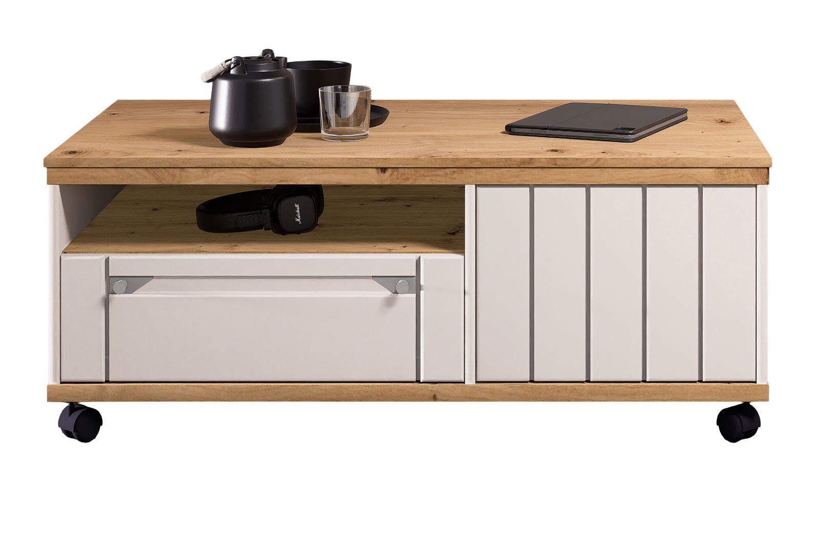 Moderner Couchtisch mit Holzoberfläche und weißen Schubladen, auf Rollen, frontal fotografiert.
