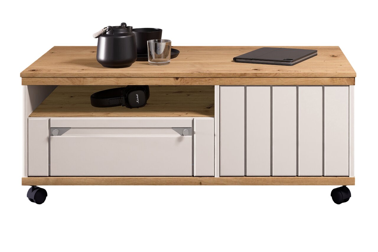 Moderner Couchtisch mit Holzoberfläche und weißen Schubladen, auf Rollen, frontal fotografiert.
