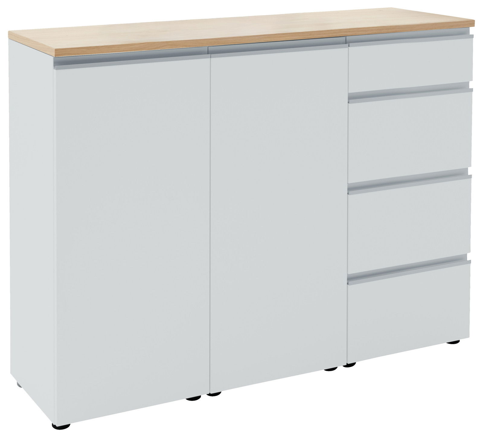 Dieter Knoll Combinatiecommode 135 LENDINA Weiße Kombi-Kommode mit Holzoberfläche, zwei Türen und vier Schubladen, seitliche Perspektive