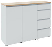 Weiße Kombi-Kommode mit Holzoberfläche, zwei Türen und vier Schubladen, seitliche Perspektive
