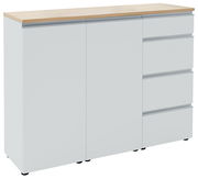 Weiße Kombi-Kommode mit Holzoberfläche, zwei Türen und vier Schubladen, seitliche Perspektive