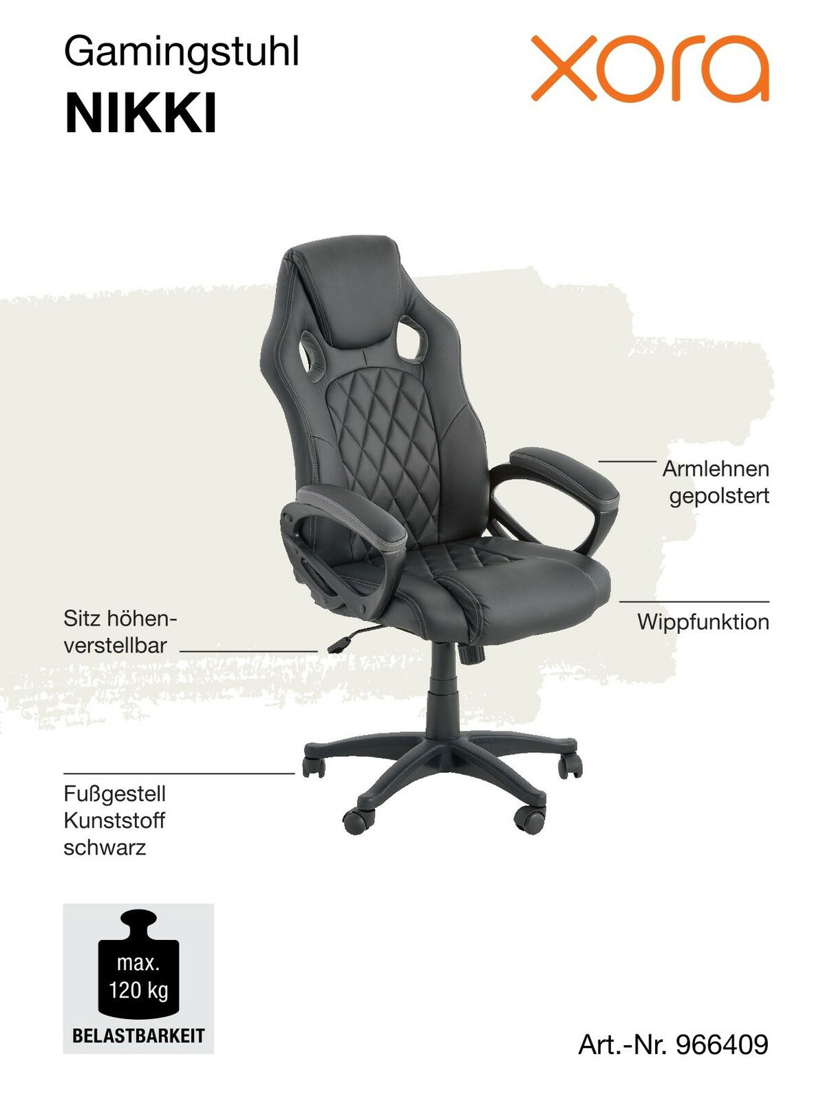 Gamingstuhl NIKKI von Xora in seitlicher Perspektive, mit gepolsterten Armlehnen, höhenverstellbarem Sitz, Wippfunktion und schwarzem Kunststoff-Fußgestell, Belastbarkeit bis 120 kg.