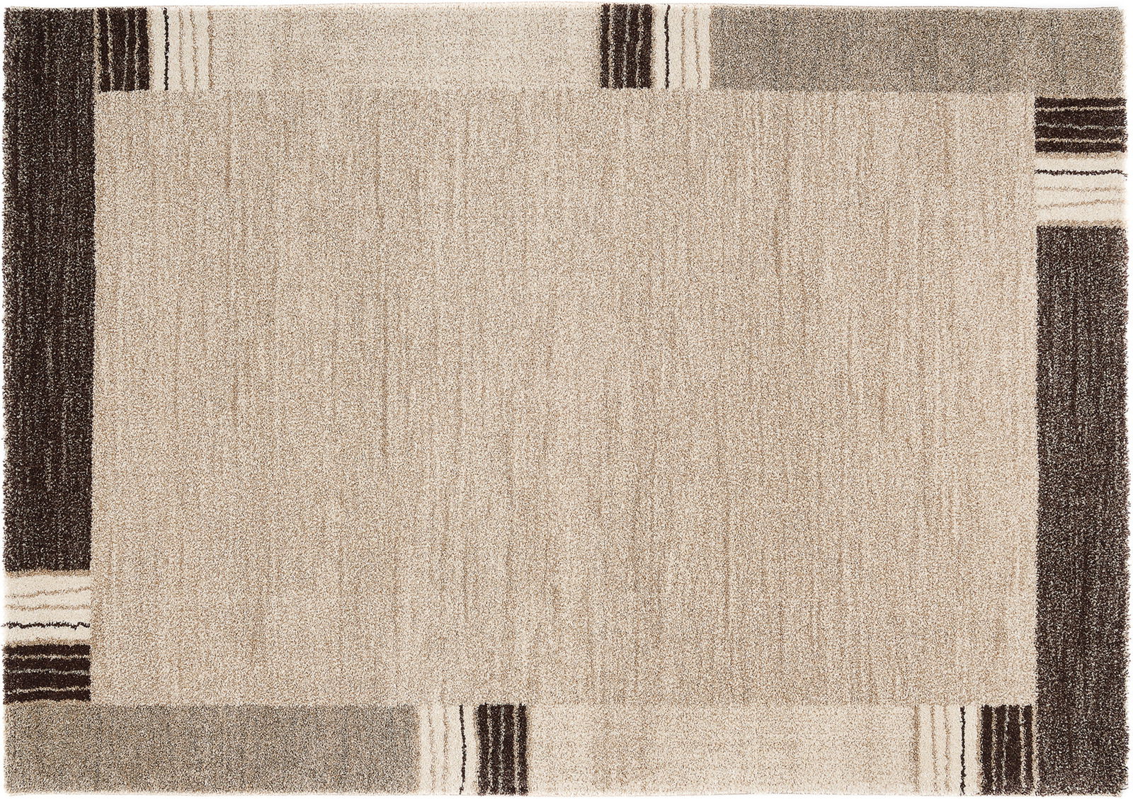 Beige Teppich mit geometrischem Muster und dunklen Akzenten, Draufsicht