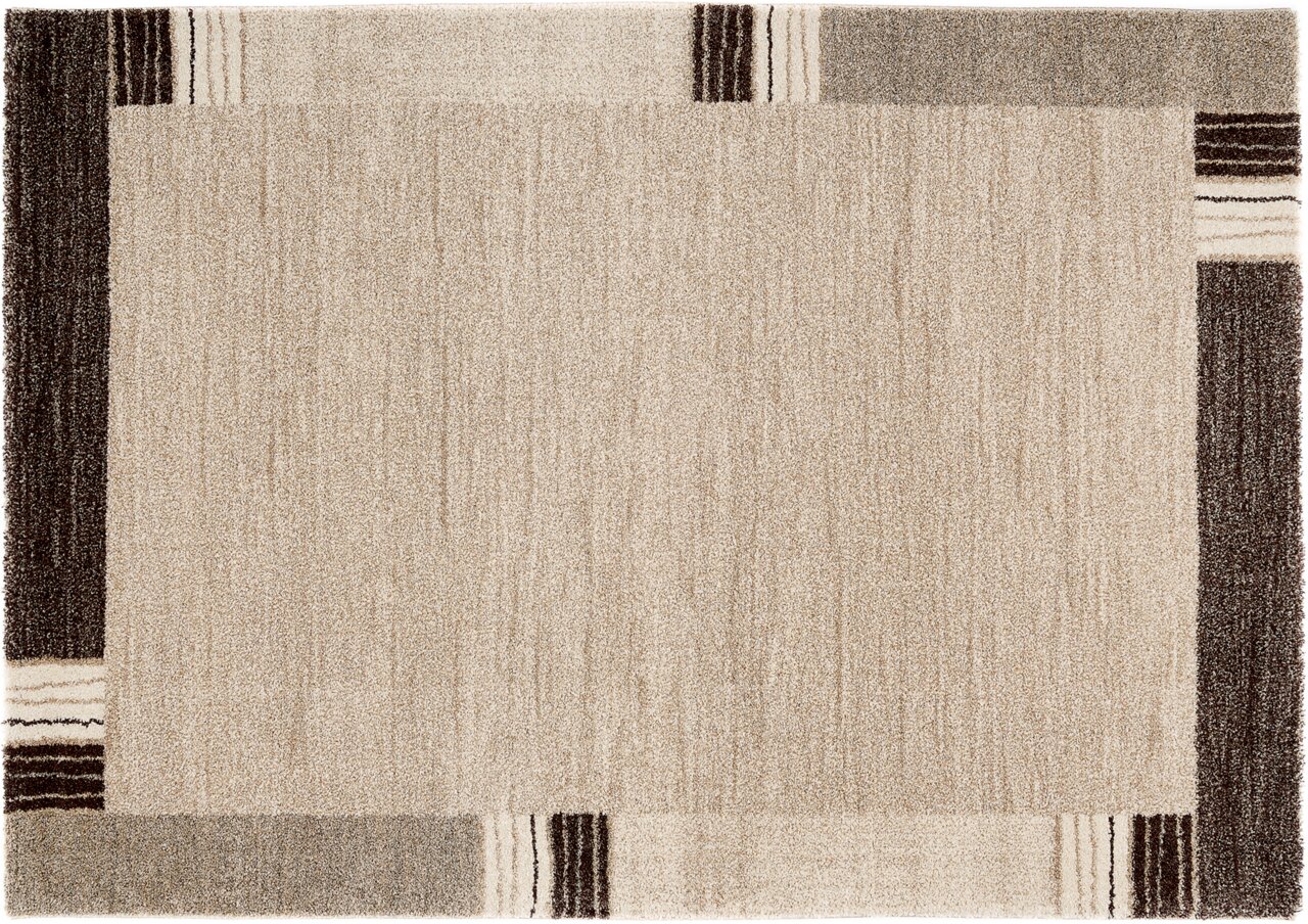 Beige Teppich mit geometrischem Muster und dunklen Akzenten, Draufsicht