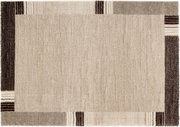 Beige Teppich mit geometrischem Muster und dunklen Akzenten, Draufsicht