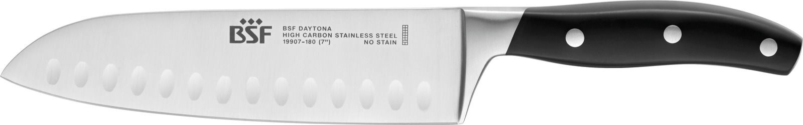 BSF Santokumesser DAYTONA Santokumesser aus Edelstahl mit schwarzem Griff, seitliche Ansicht