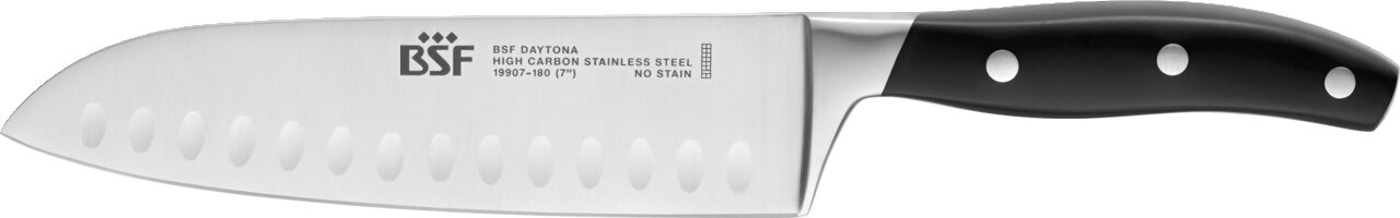 Santokumesser aus Edelstahl mit schwarzem Griff, seitliche Ansicht