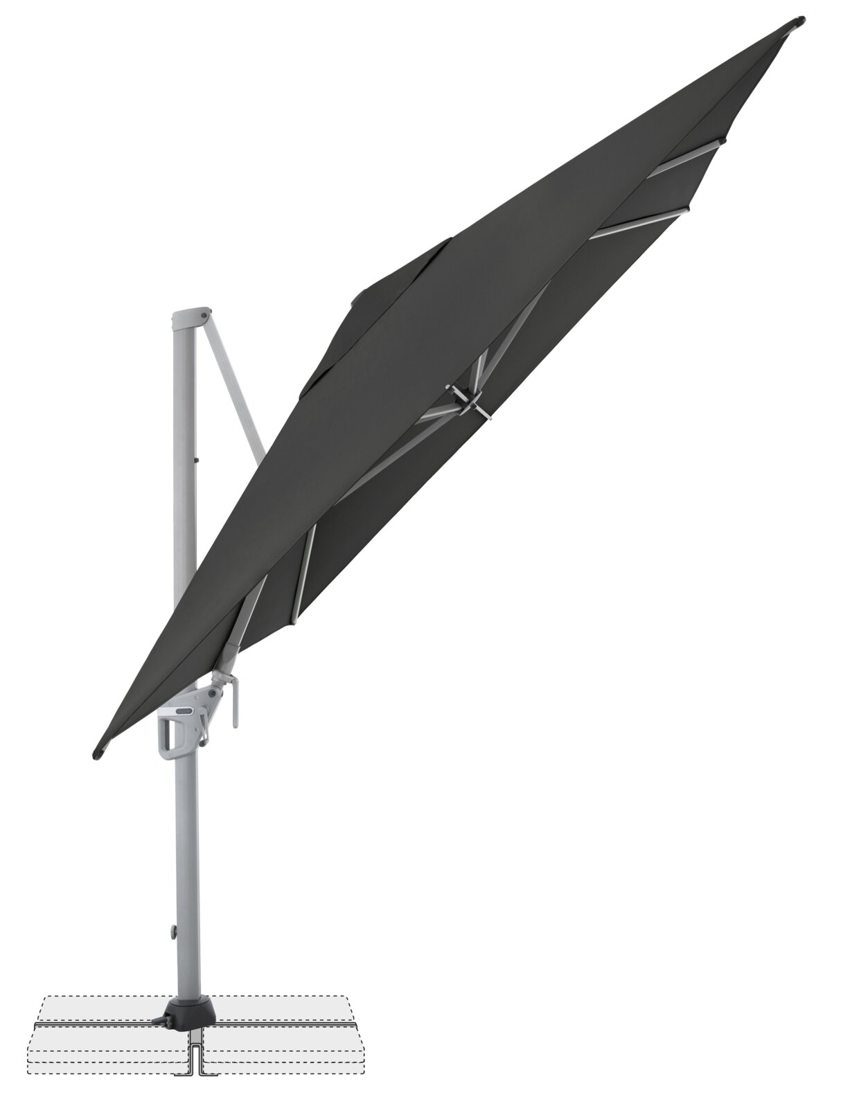 Schwarzer Sonnenschirm mit Aluminiumgestell und Kippmechanismus, seitliche Ansicht im geöffneten Zustand auf weißem Hintergrund