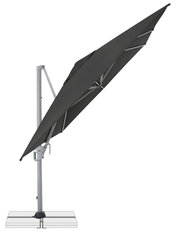 Schwarzer Sonnenschirm mit Aluminiumgestell und Kippmechanismus, seitliche Ansicht im geöffneten Zustand auf weißem Hintergrund
