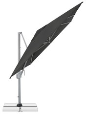 Zwarte parasol met aluminium frame en kantelmechanisme, zijaanzicht in geopende toestand op een witte achtergrond