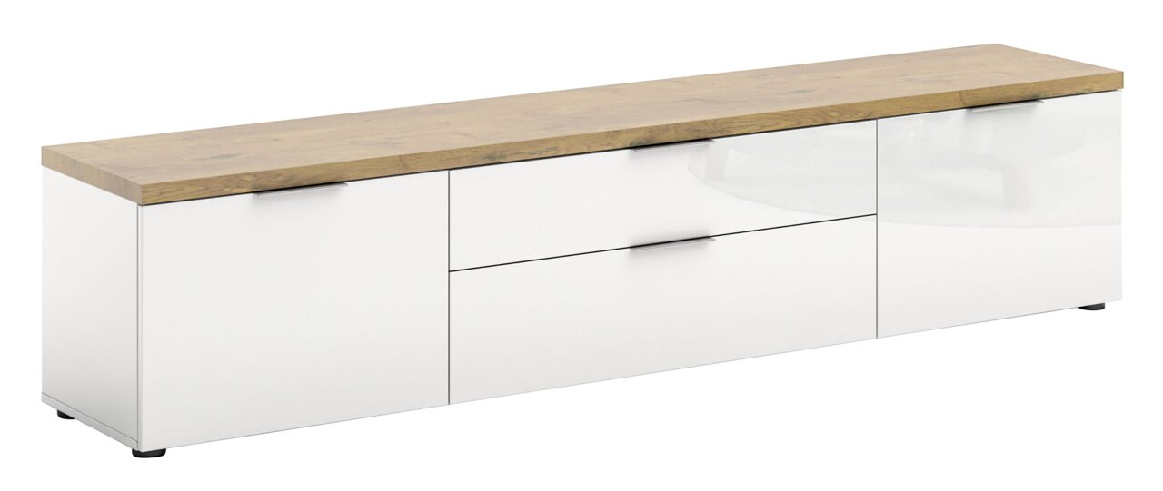 XL-TV-Lowboard in Weiß mit Holzoberfläche, seitliche Perspektive