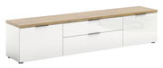 XL-TV-Lowboard in Weiß mit Holzoberfläche, seitliche Perspektive