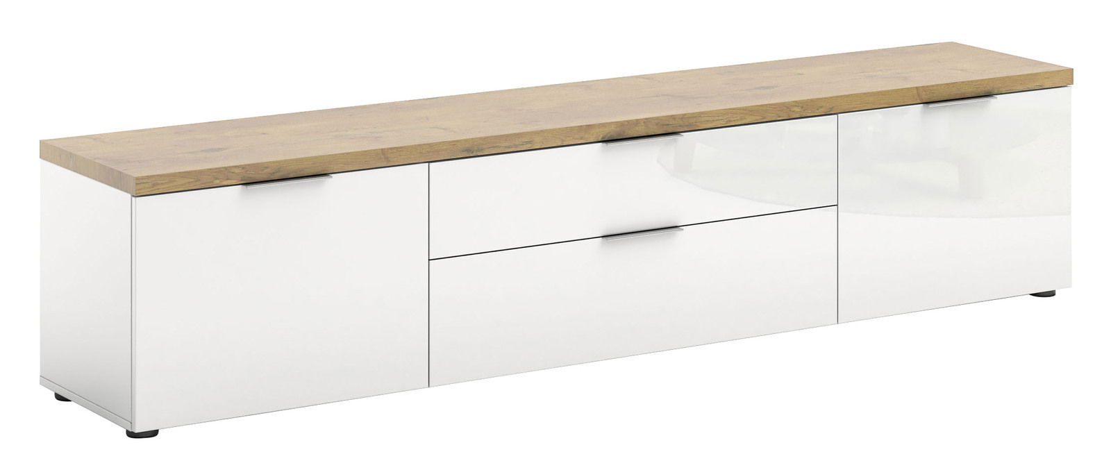 XL-TV-Lowboard in Weiß mit Holzoberfläche, seitliche Perspektive