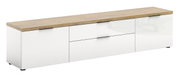 XL-TV-Lowboard in Weiß mit Holzoberfläche, seitliche Perspektive