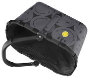 Grauer Einkaufskorb mit schwarzen Smiley-Motiven und gelbem Smiley-Anhänger, von oben betrachtet.